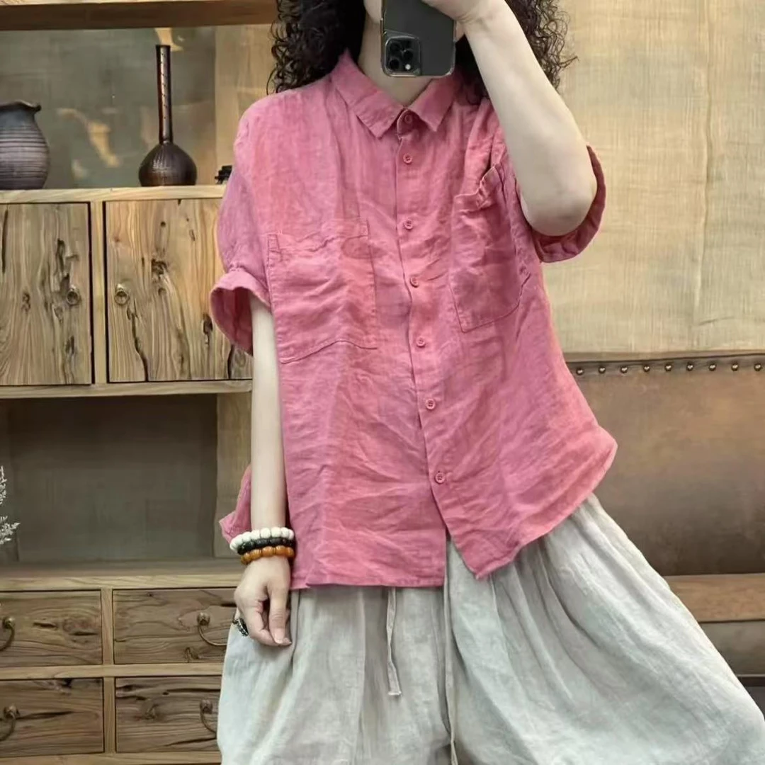 008 9571 夏季新品亚麻文艺休闲大口袋女士衬衫 胸围126长62