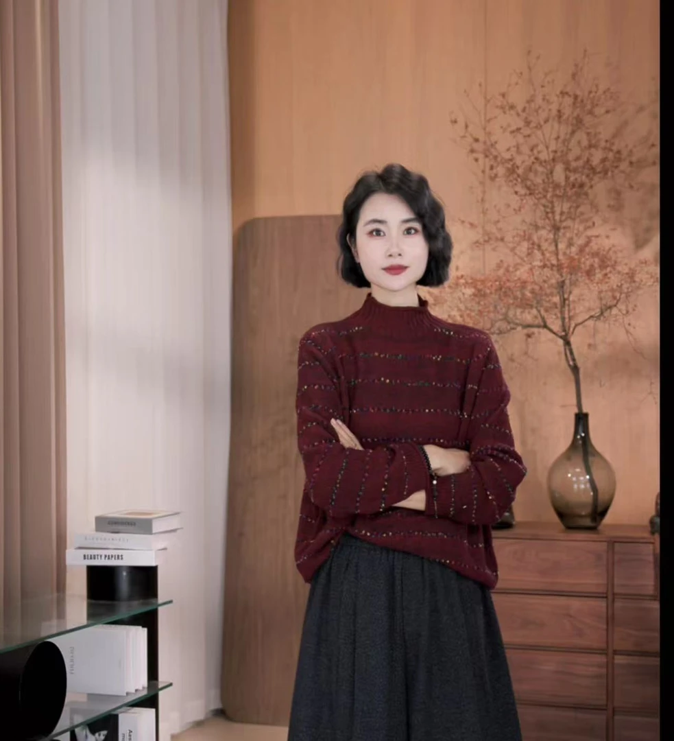 【嘉一定制】韩版时尚气质休闲酒红秋季新款百搭圆领长袖上衣385