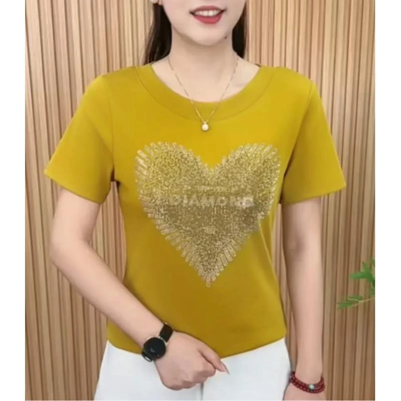 镶钻短袖t恤女夏季新款中年妈妈装重工宽松黄色圆领大码时尚休闲