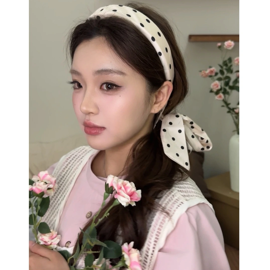 波点蝴蝶结飘带发箍～女款新款洗脸压发头箍高颅顶发捆丝带头饰