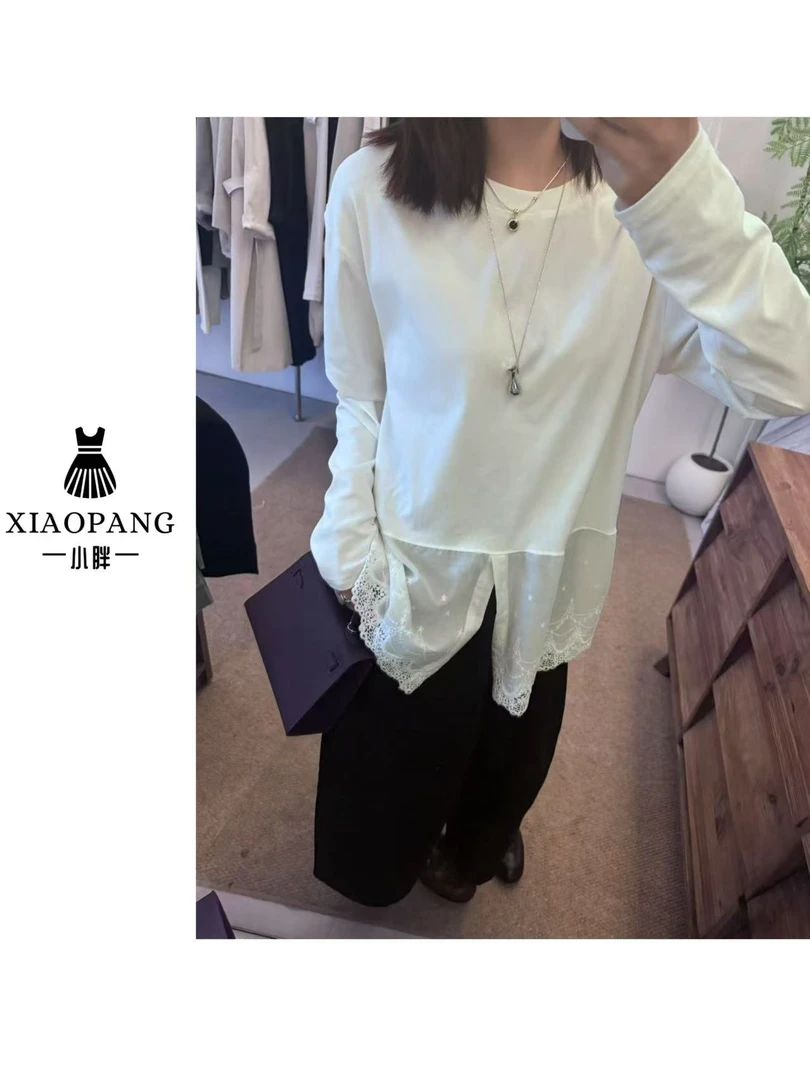 【小胖家】3023白色蕾丝开叉下摆拼接长袖T恤