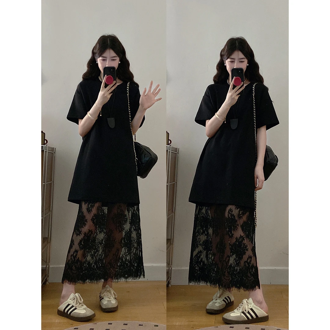 实拍～大码女装反差魅力高级感黑色T恤+蕾丝半裙套装胖MM两件套女