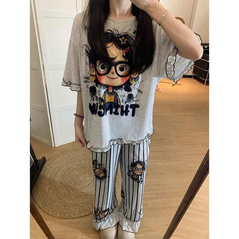 欧若风可爱少女卡通短袖睡衣女夏季新款休闲长裤套装家居服可外穿
