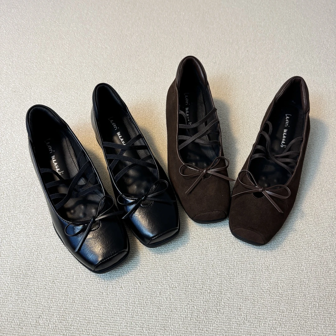 六也「法式芭蕾」真皮平底低跟方头交叉带蝴蝶结浅口单鞋女 L1078