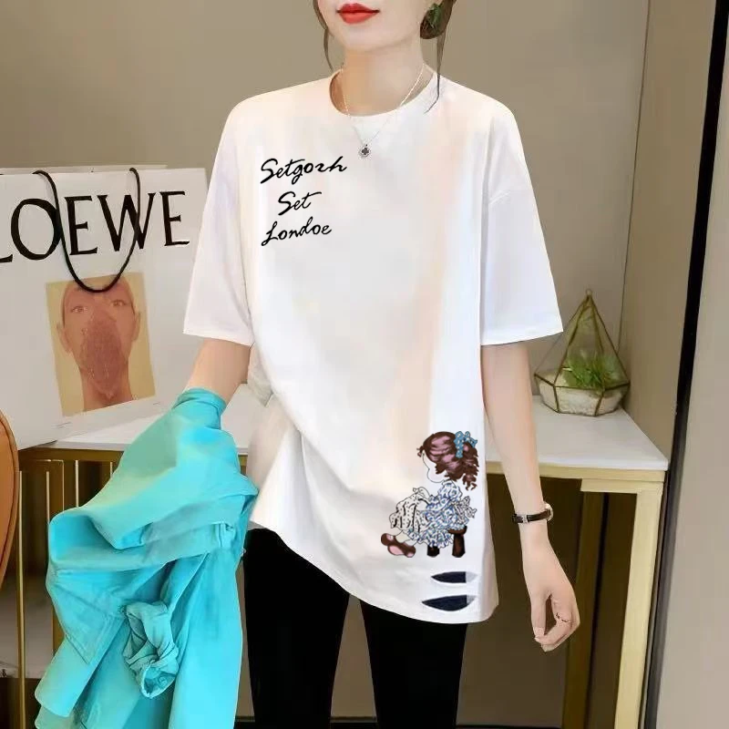 夏季2025新款短袖t恤女纯棉宽松破洞洋气中长款过臀白色上衣ins潮