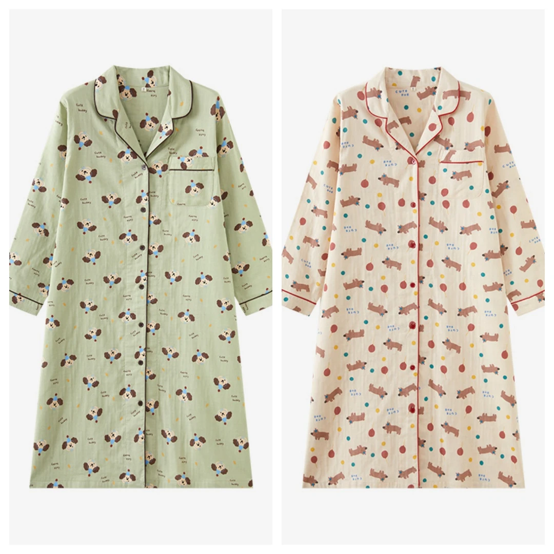 【段姐家居服】全棉纱布翻领印花女士睡裙可爱甜美ins春夏舒适透气