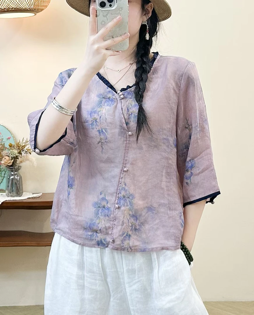 超显瘦印花时尚夏季宽松气质百搭木耳边【苎麻】套头衫