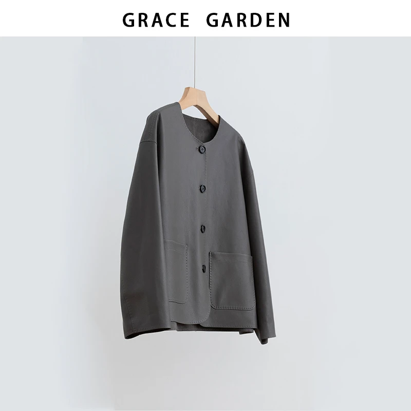 GRACE GARDEN【海鸥灰!】圆领复古休闲立体剪裁皮衣PY5I1719