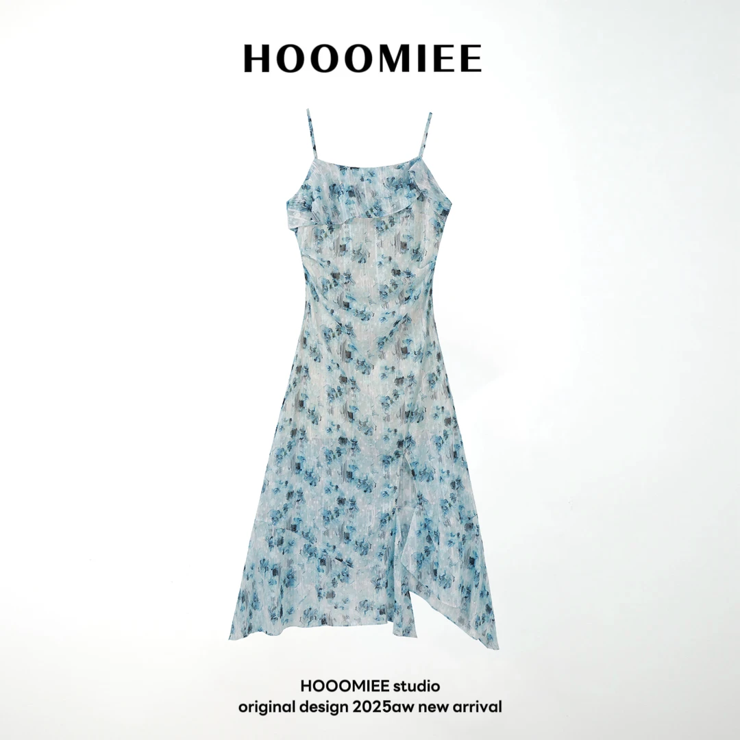 Hooomiee复古清新蓝色花卉时尚吊带女士连衣裙253786