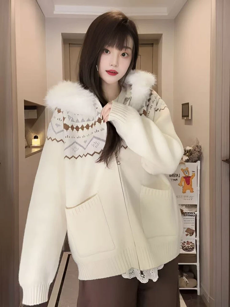 软糯复古印花费尔岛连帽针织开衫女秋冬新款宽松软糯亲肤百搭毛衣