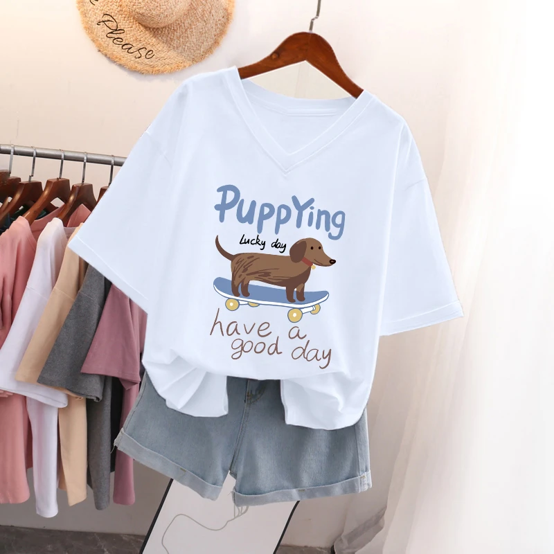 大码oversize宽松V领夏季纯棉短袖t恤女装设计感小众显瘦百搭上衣