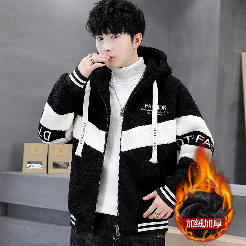 青少年黑色拼色羊羔绒加厚外套男初高中学生摇粒绒夹克棉衣保暖冬