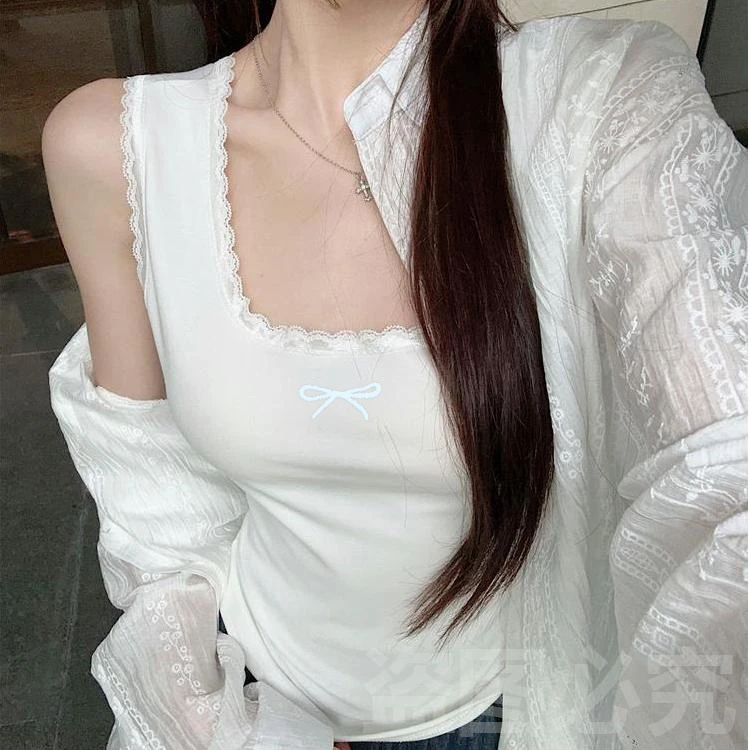 白色背心吊带女2025夏季新款纯欲性感花边显瘦上衣蝴蝶结百搭打底