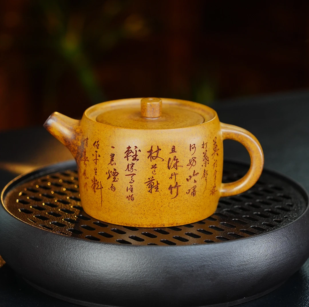 原矿葵黄段泥古法柴烧手工刻绘定风波泥壶紫砂井栏壶精美茶具茶杯