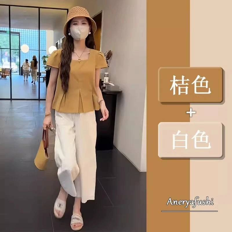 今年流行夏季套装女设计感显瘦短袖衬衫高腰休闲阔腿裤减龄两件套