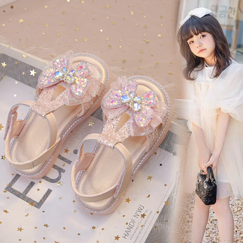 女童鞋子儿童凉鞋2025新款夏季小女孩软底单鞋水钻蝴蝶包头公主鞋