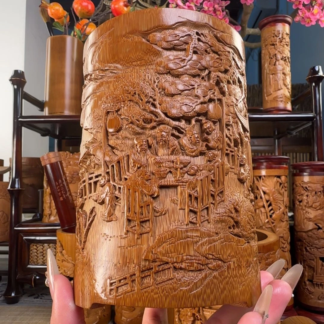 香榧木夜宴图中号笔筒