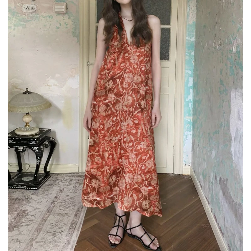 【晶妮妮】苎麻印花高级感挂脖显瘦连衣裙女原创设计新款长裙