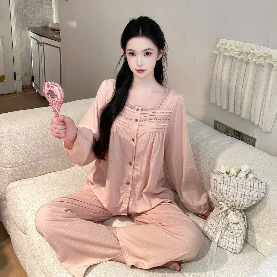 菠萝1【粉梦】长袖长裤纯欲粉色显瘦春秋季女套装法式睡衣