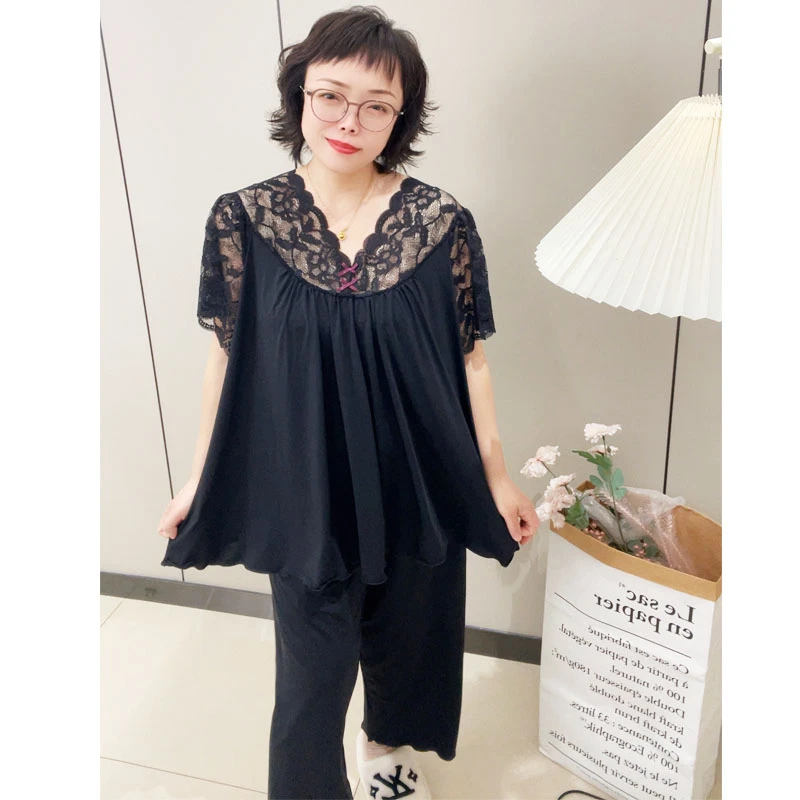 蕾丝半袖大码冰丝九分裤睡衣家居服套装V领性感舒适宽松胖MM200斤