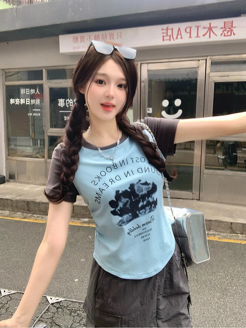 2666 夏季新款印花拼接显瘦气质减龄短袖上衣