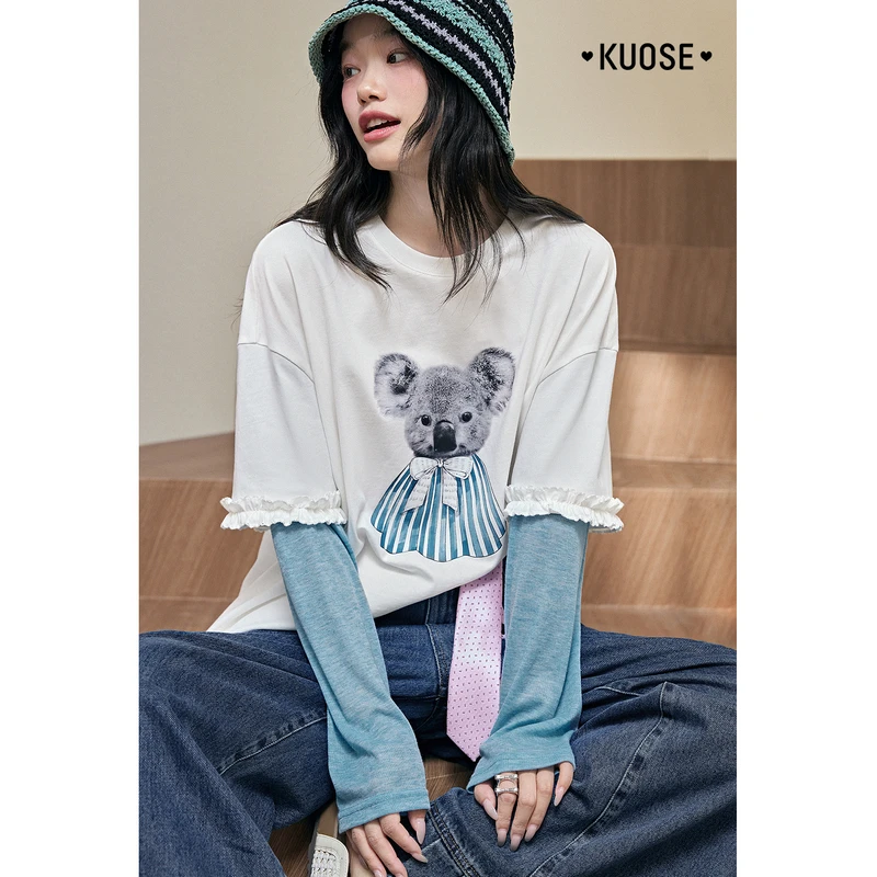 阔色白色考拉印花假两件2025夏秋季宽松木耳边长袖t恤KSD2507012