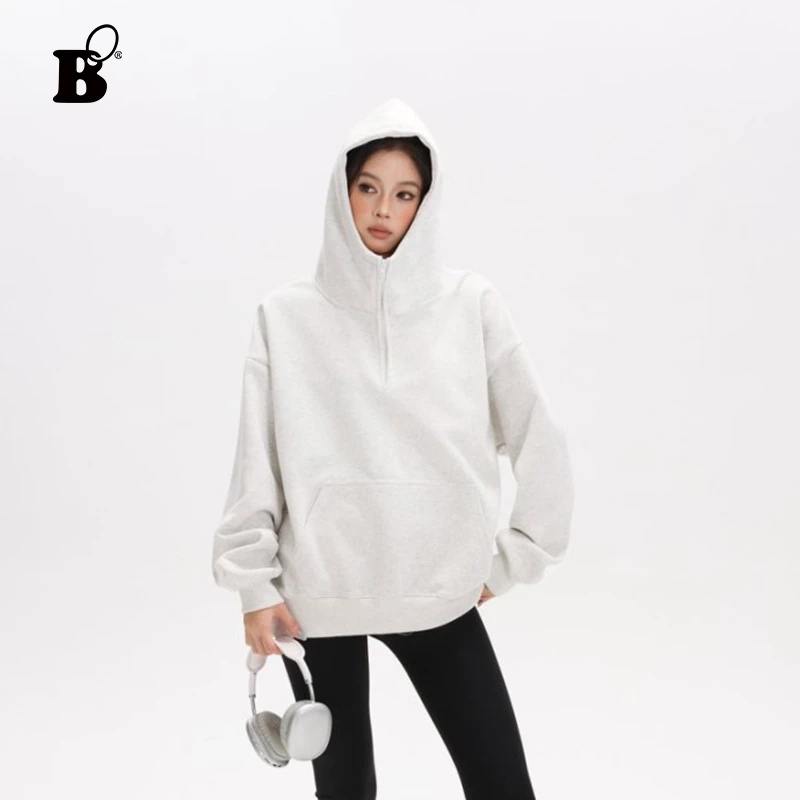 美式半拉链连帽卫衣春秋新品薄款上衣女慵懒风宽松大码外套C5041