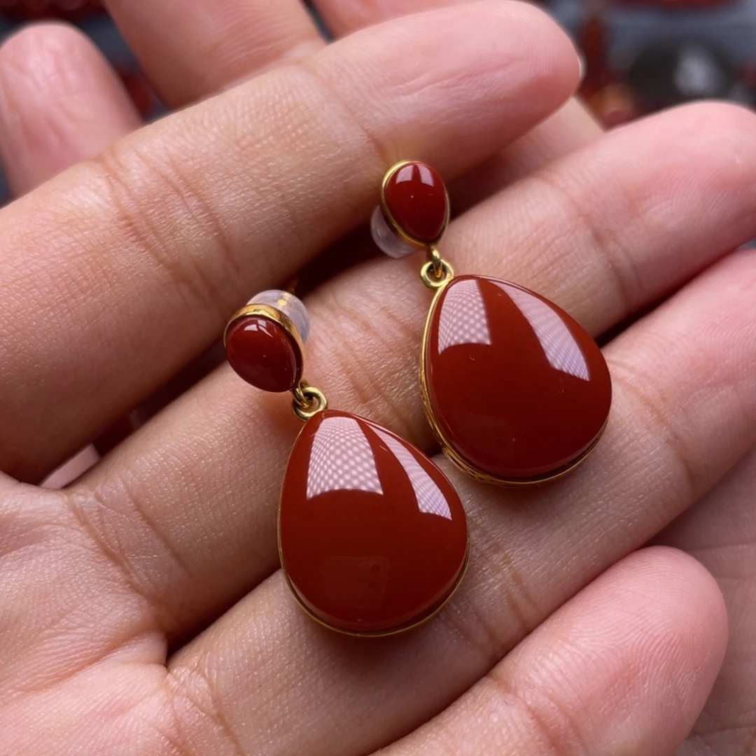 南红玛瑙18K金镶嵌珠宝奇石耳环