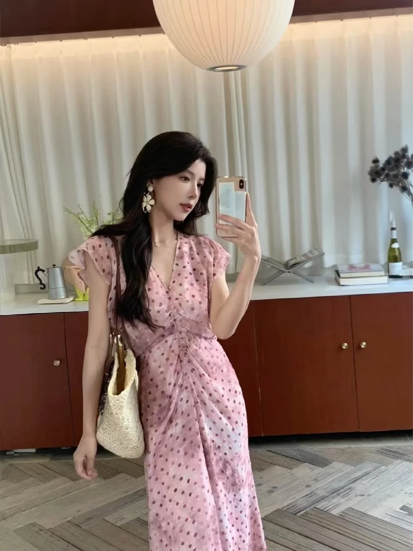 夏季绝美长裙法式高级感超好看独特漂亮气质掐腰粉色波点连衣裙子