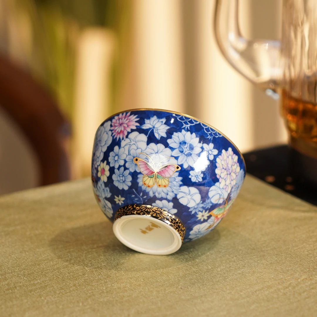 华隐堂   玄色万花小高足杯    茶具茶道手工主人杯手绘银