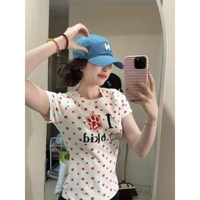 美式辣妹爱心印花短袖t恤女夏季新款正肩修身显瘦短款设计感上衣