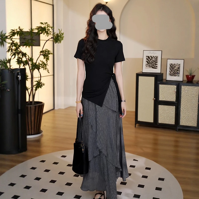 夏季韩版不规则荷叶边格子半身裙搭配一整套收腰T恤气质两件套