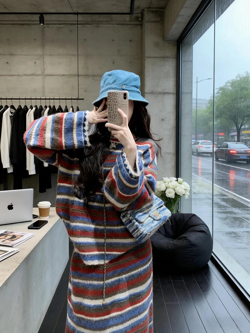 韩系撞色条纹时尚针织套装女2025秋冬季新款休闲显瘦超好看半身裙