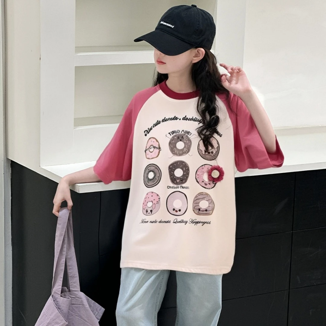 【谷语制衣】夏季女大童拼色印花T恤时尚-660