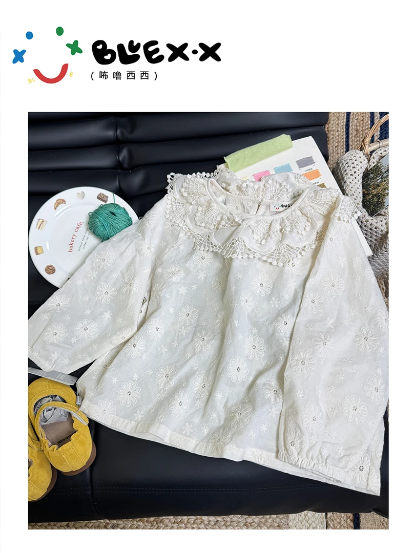 BLUEXIXI/咘噜西西2025春季新款休闲娃娃领衬衣镂空蕾丝上衣