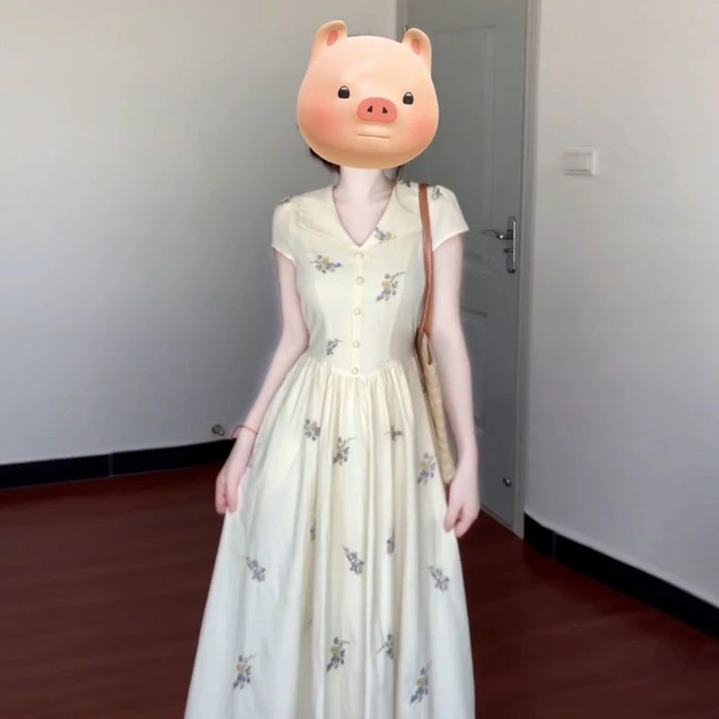 醉玲珑~法式复古刺绣茶歇连衣裙女温柔风甜美长裙夏季3861