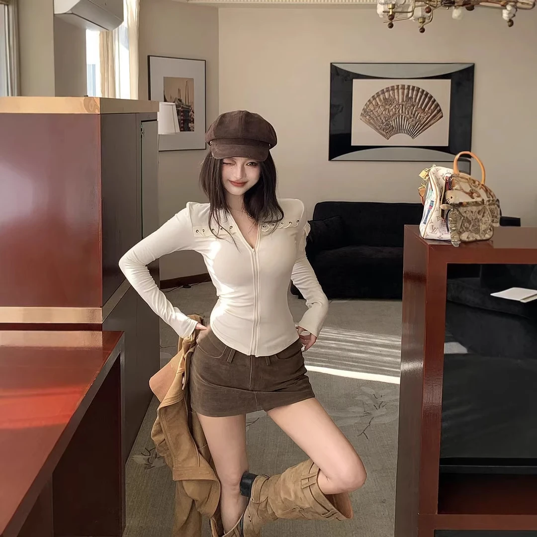 实拍2025复古辣妹V领拉链长袖修身显瘦磨毛内搭打底衫开衫上衣