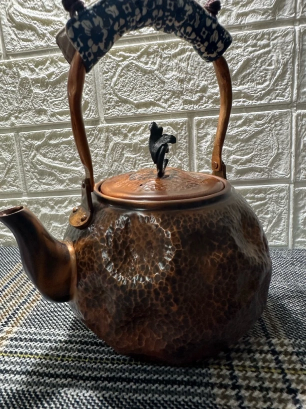 1300ml手工捶打紫铜提梁壶商务轻奢煮茶器陨石坑做旧工艺