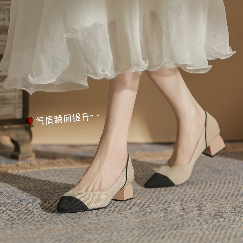 日系王妃鞋小香风飞织鞋时尚百搭尖头粗跟单鞋编织高跟鞋工作鞋女