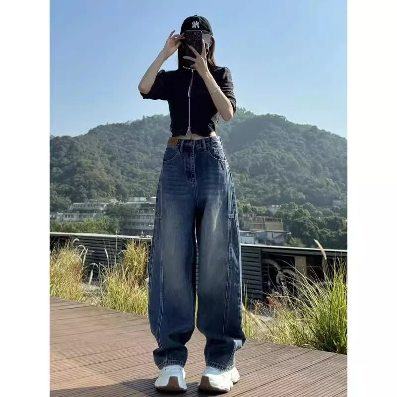 秋季新款大码宽松阔腿牛仔裤裤子梨形身材高腰显瘦复古弯刀拖地裤