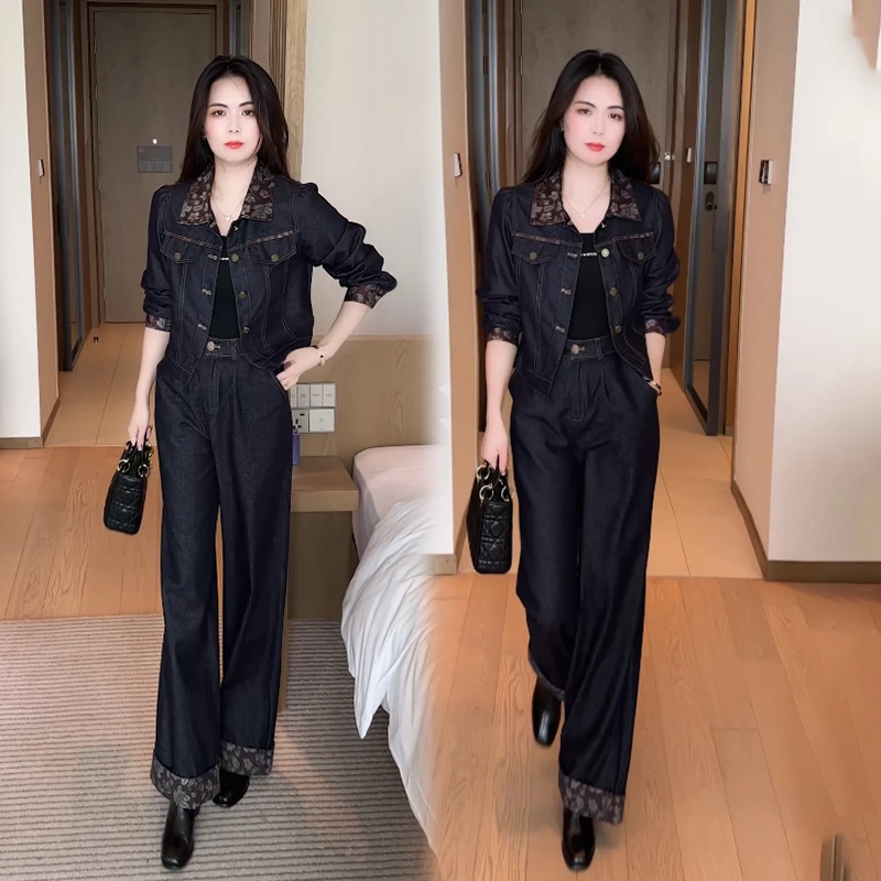 高级感时尚牛仔套装女洋气印花短款外套高腰阔腿裤减龄时髦两件套
