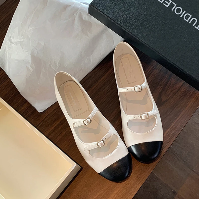2025春季新款浅口平底单鞋法式复古平底圆头拼色玛丽珍女单鞋