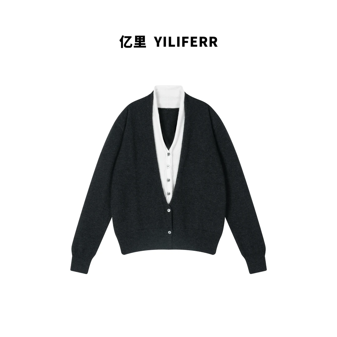 【YILI显瘦女装】羊绒层次感假两件开衫高级感上衣 Y0268