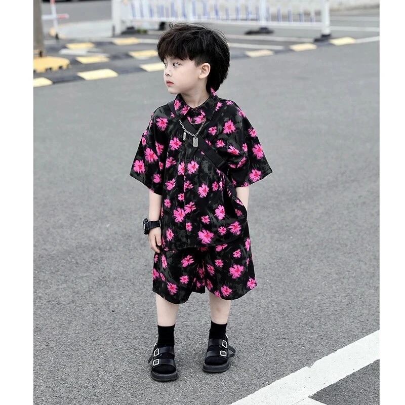 痞帅男童韩范港风花衬衫套装儿童夏季2025新款男孩小少爷短袖短裤
