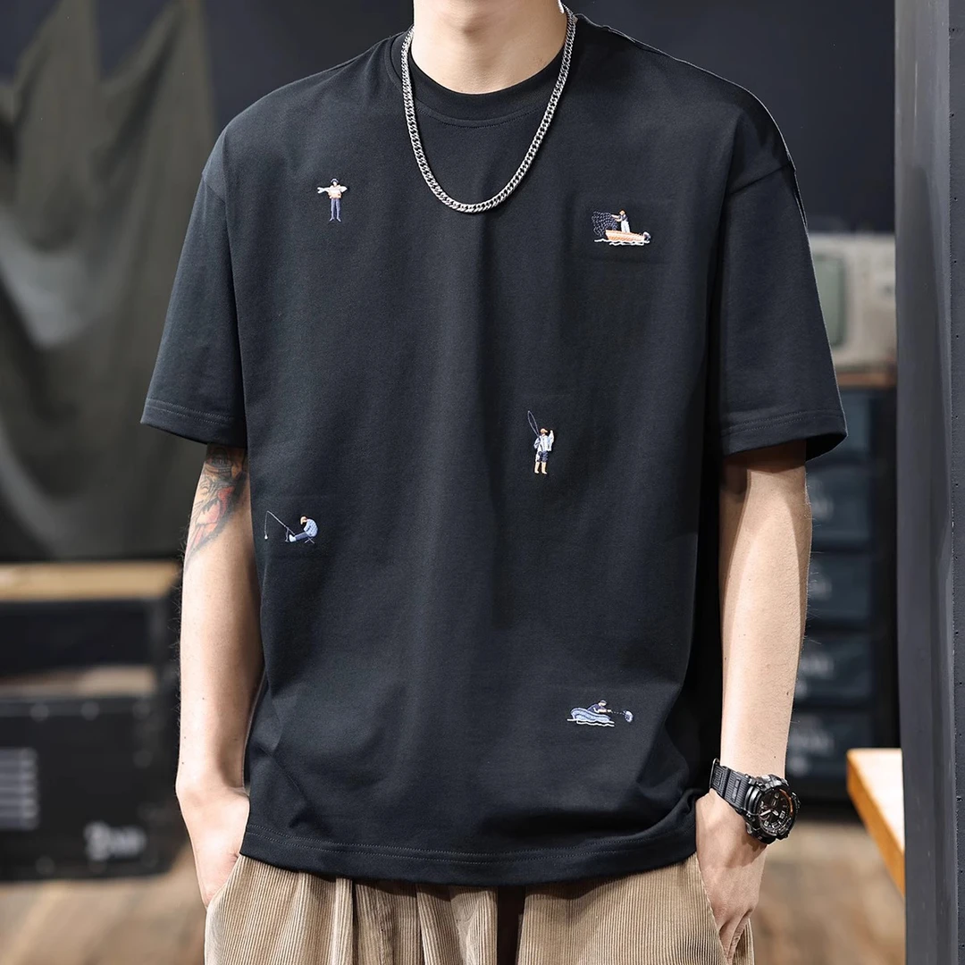 260g重磅纯棉刺绣小标短袖T恤男夏季新款凉感百搭半袖体恤潮