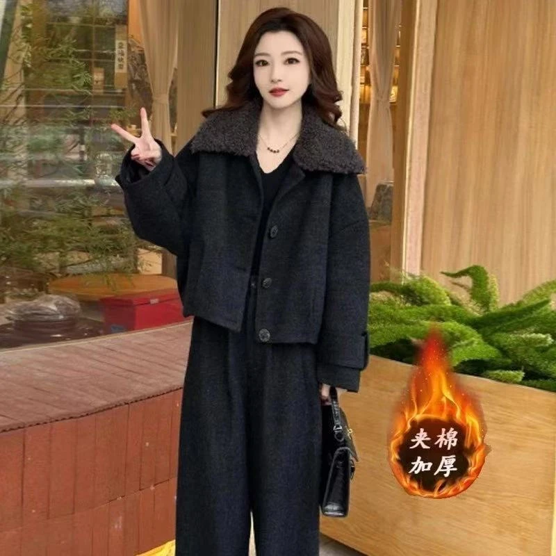 时尚毛呢套装女2025冬季新款洋气时髦加棉加厚短外套阔腿裤两件套