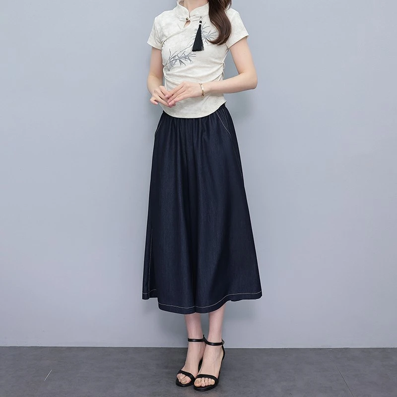 超火丹宁蓝天丝软牛仔裙裤女夏薄款2025新款垂感复古七分阔腿裤子