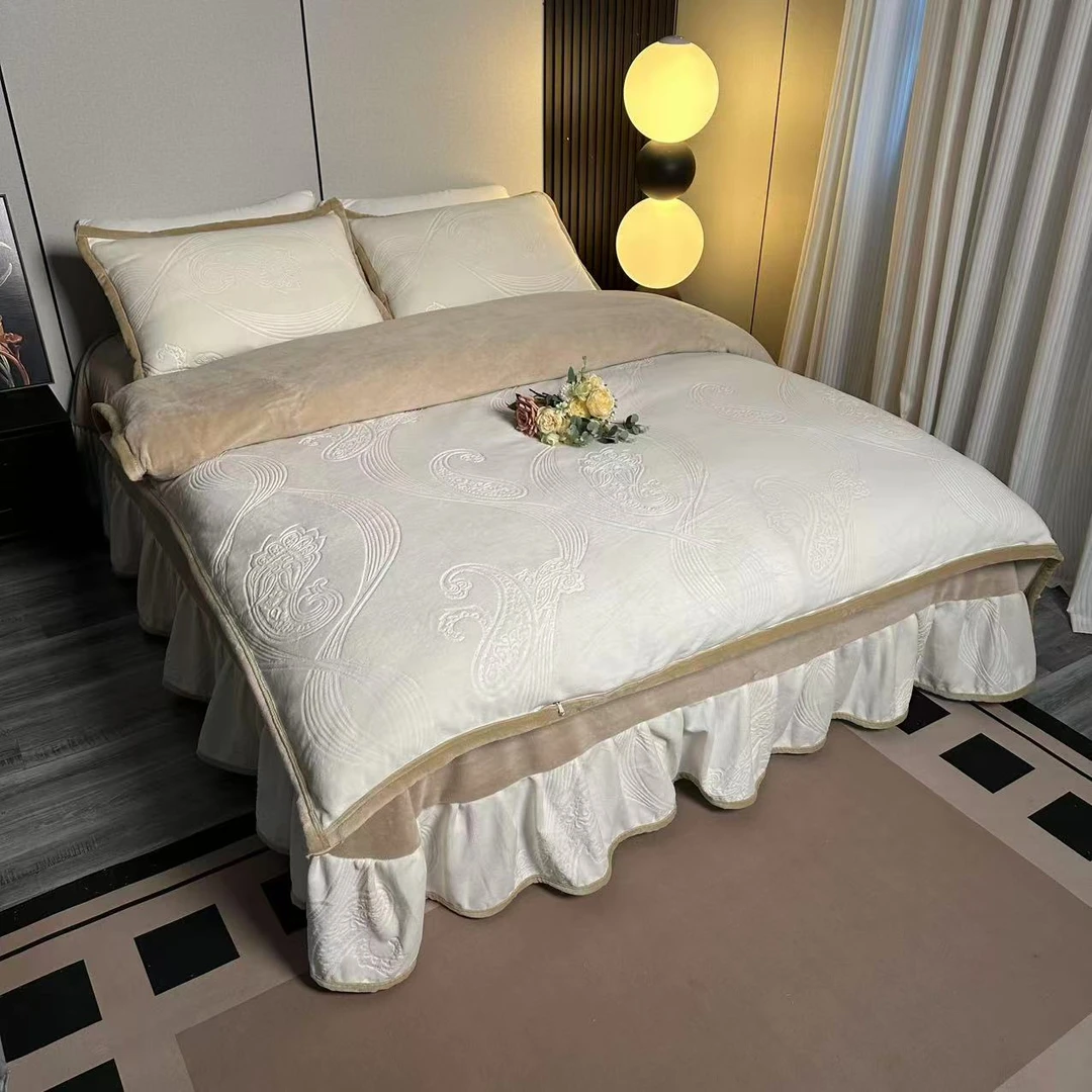 【厂家直销 轻奢高端】床盖床单裙边款加厚9D立体高档牛奶绒四件套