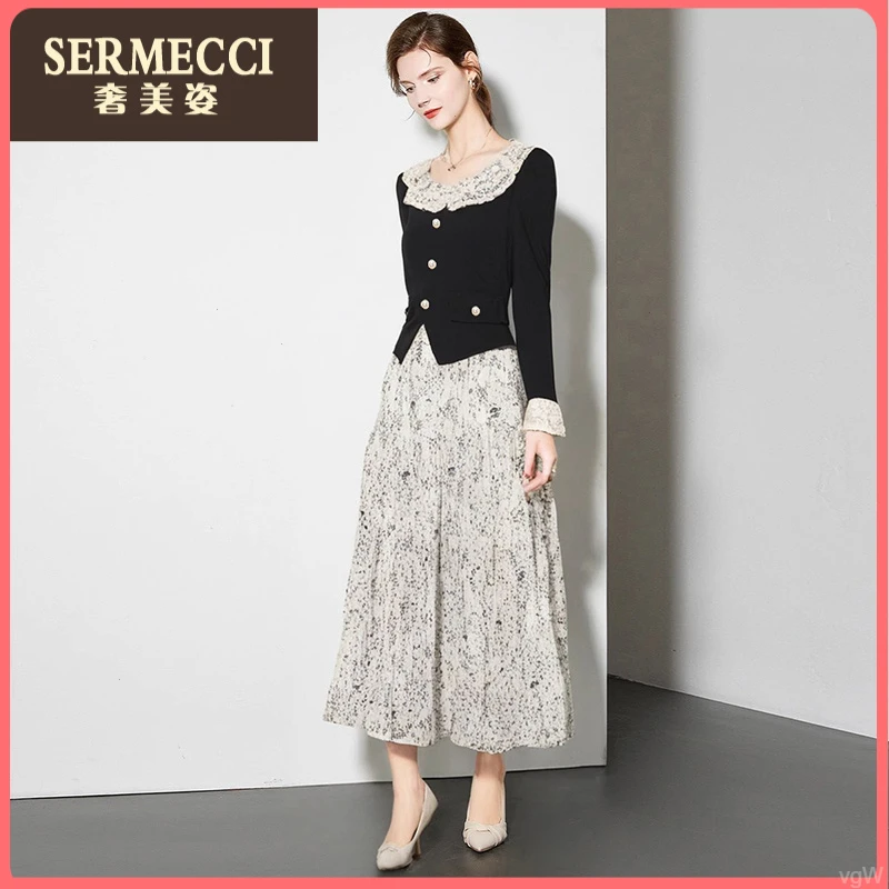 新款淑女奢美姿2025秋季赫本风套装女花边领上衣碎花半身裙两件套