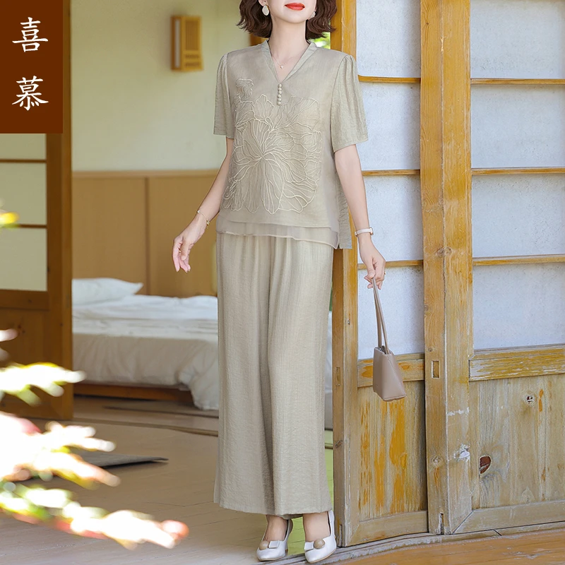 妈妈装夏装新款两件套宽松大码中老年女装夏季阔太太洋气高贵套装